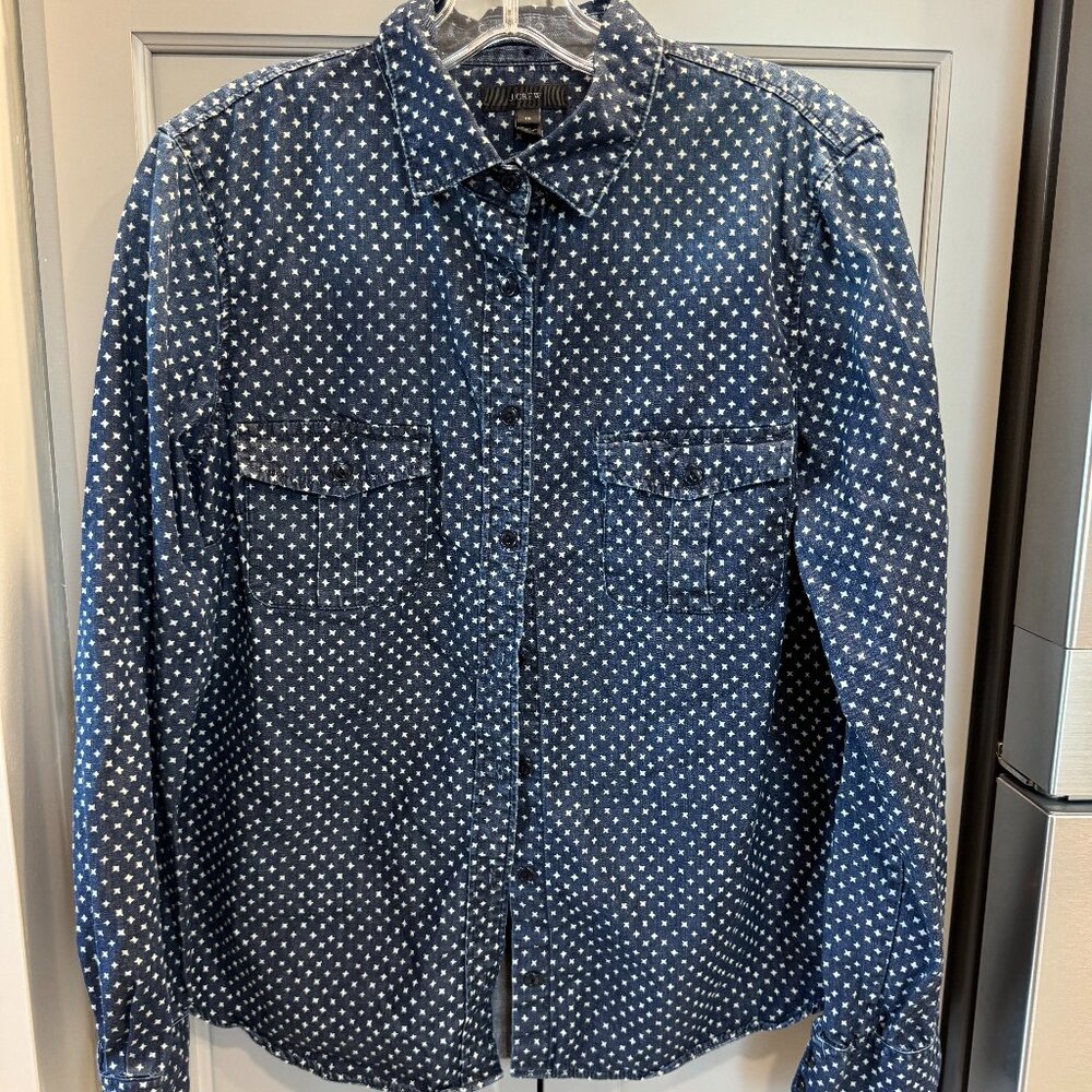 J. Crew Indigo Chambray Stars Button Down Shirt, Woman's Size 12